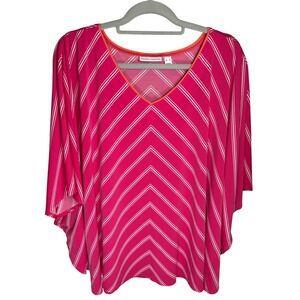 Susan Graver Liquid Knit Pink Chevron Stripe Flutter Sleeve V-Neck Top XL